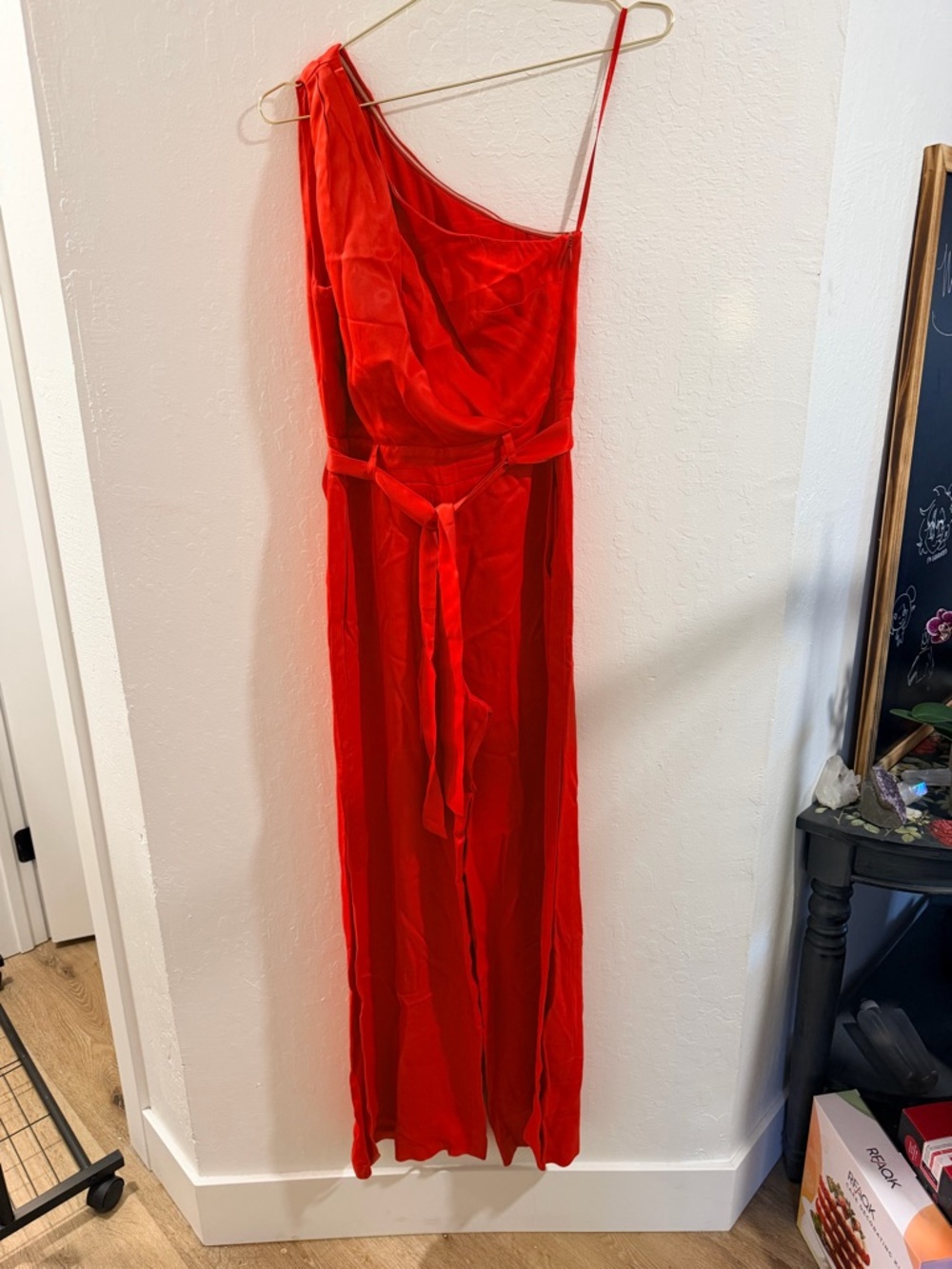 Reiss Red One-Shoulder Satin Jumpsuit with Waist Tie